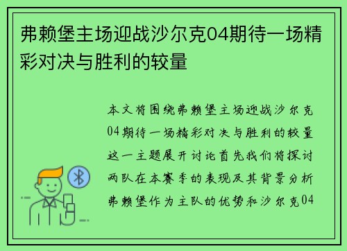 弗赖堡主场迎战沙尔克04期待一场精彩对决与胜利的较量